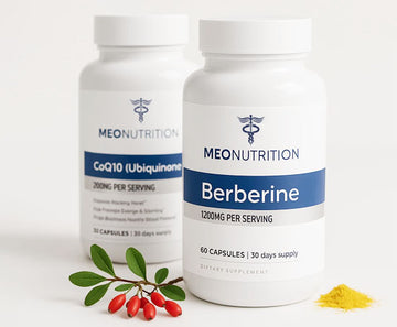 Two Meo Nutrition supplement bottles with ingredients on a white background