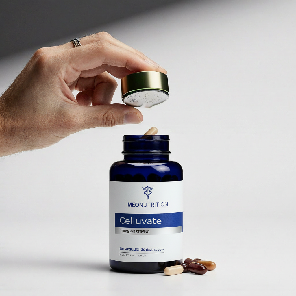 Hand opening a bottle labeled 'Celluvate' by Meo Nutrition on a neutral background.