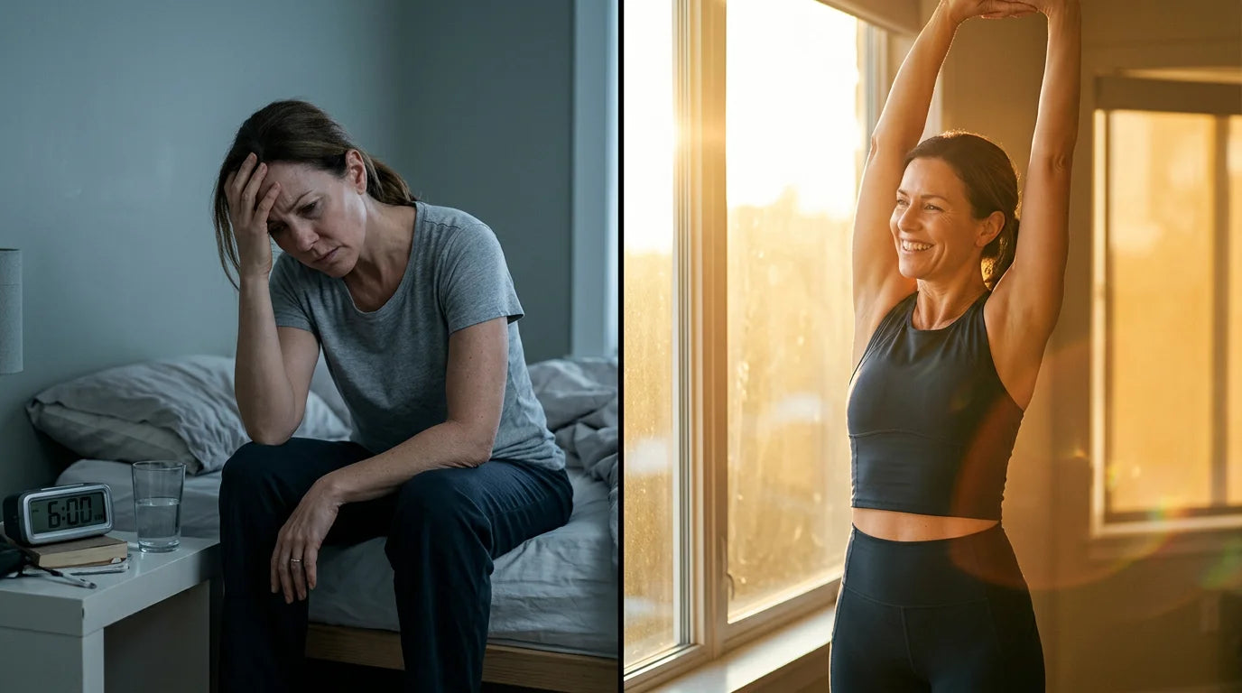 Split image: woman frustrated on a bathroom scale vs. the same woman vibrant and energized outdoors