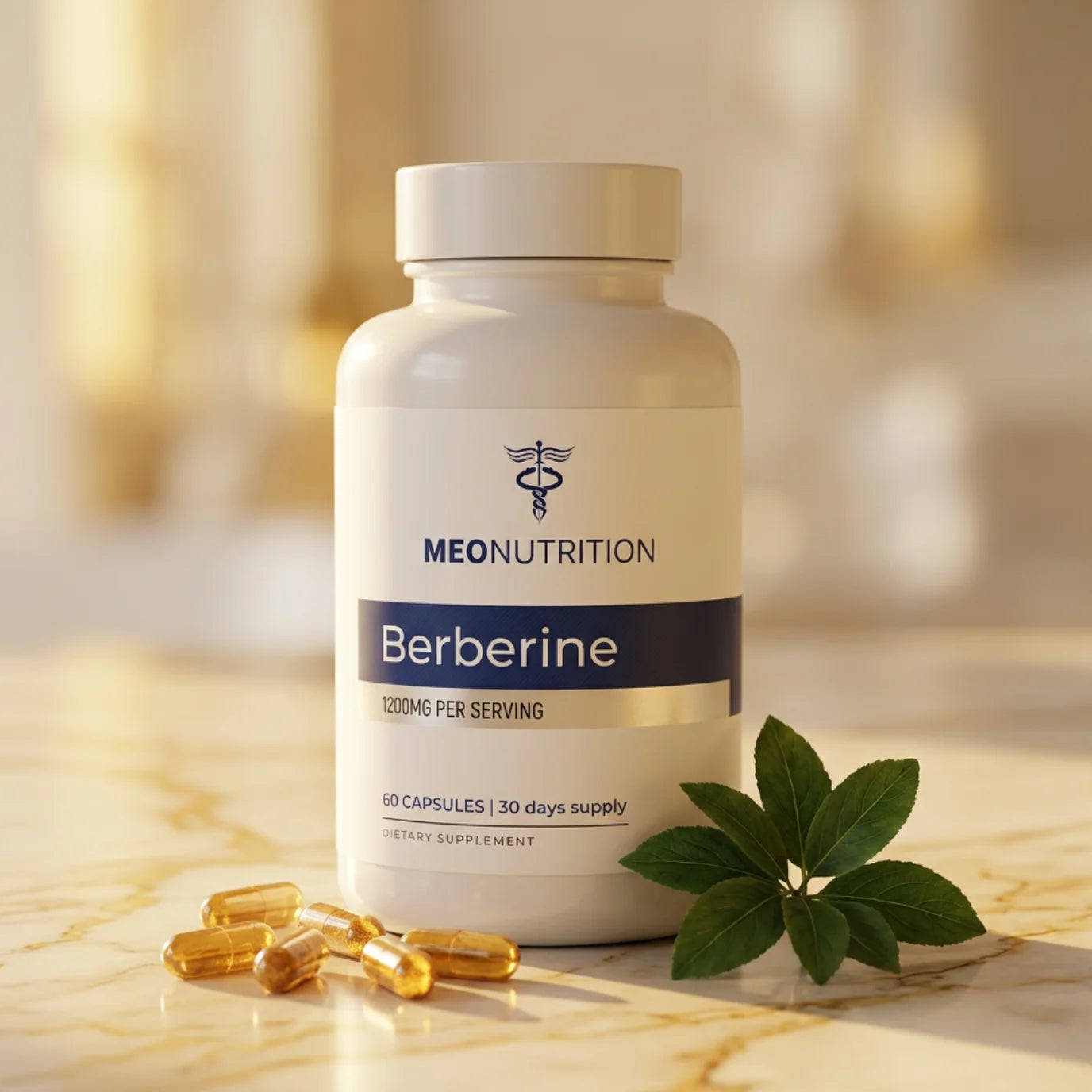 MeoNutrition Berberine HCL 1200mg supplement bottle with capsules