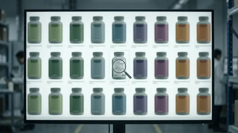 Screen showing rows of near-identical supplement bottles