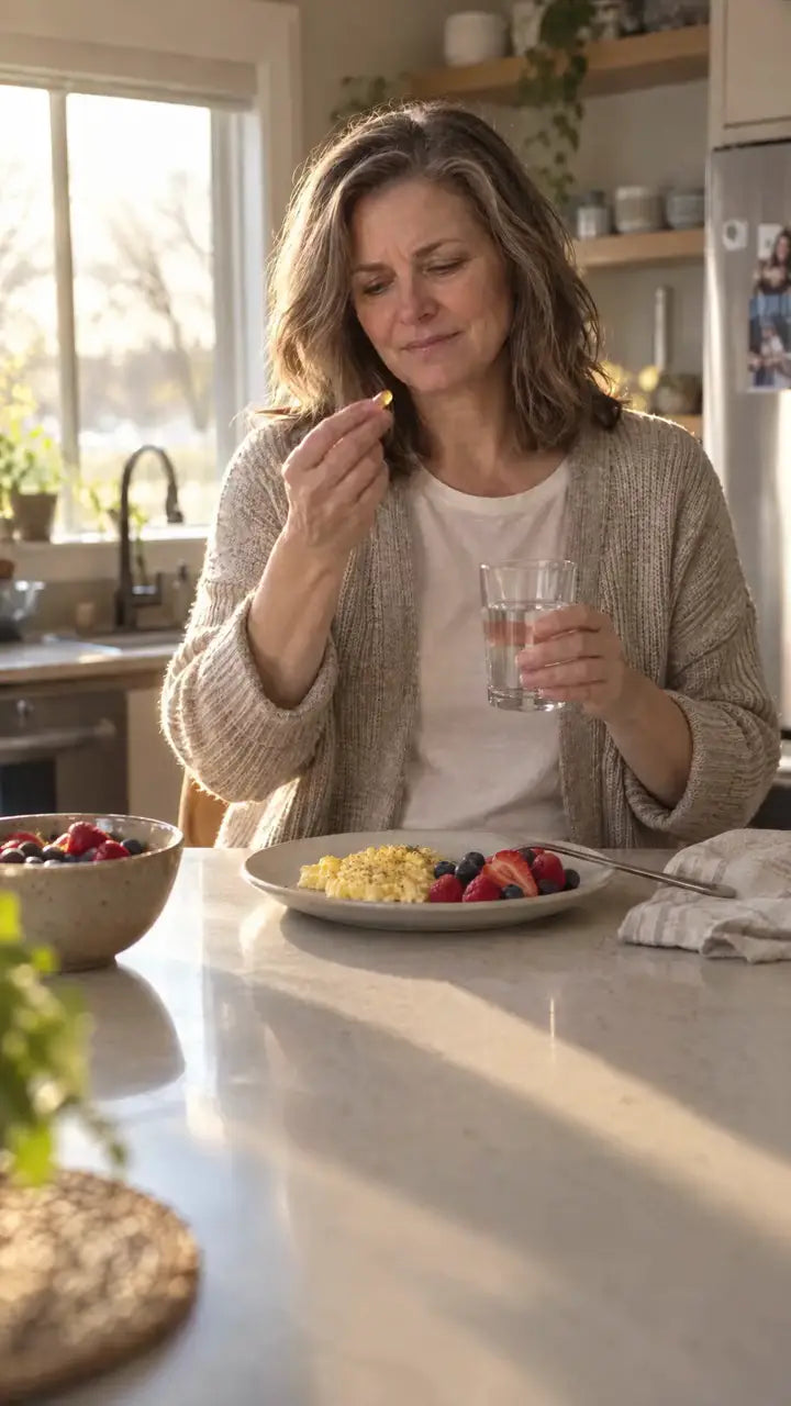 Woman taking a capsule with breakfast